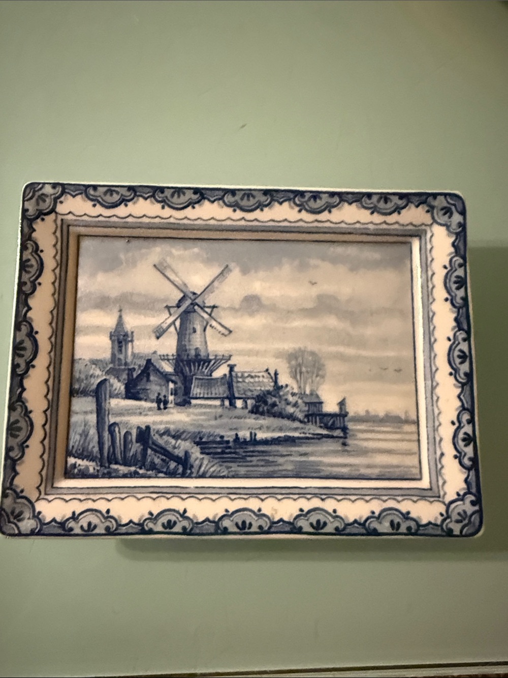 Blue and White Ceramic Windmill Plaque Decorative Wall Frame